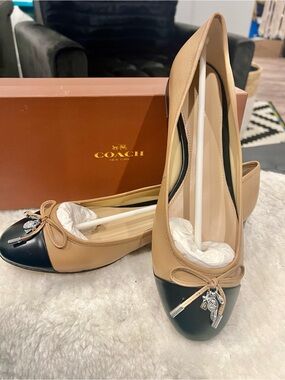 Coach Two-Tone Tan and Black Leather Ballet Flats with Bow Charm
